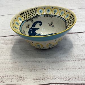 Rare Anthropologie Aires Ram bowl with light blue rim. 6.5" diameter 3.5" tall
